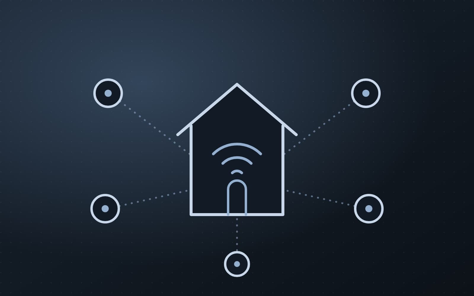 Line drawing of a house connected to small devices